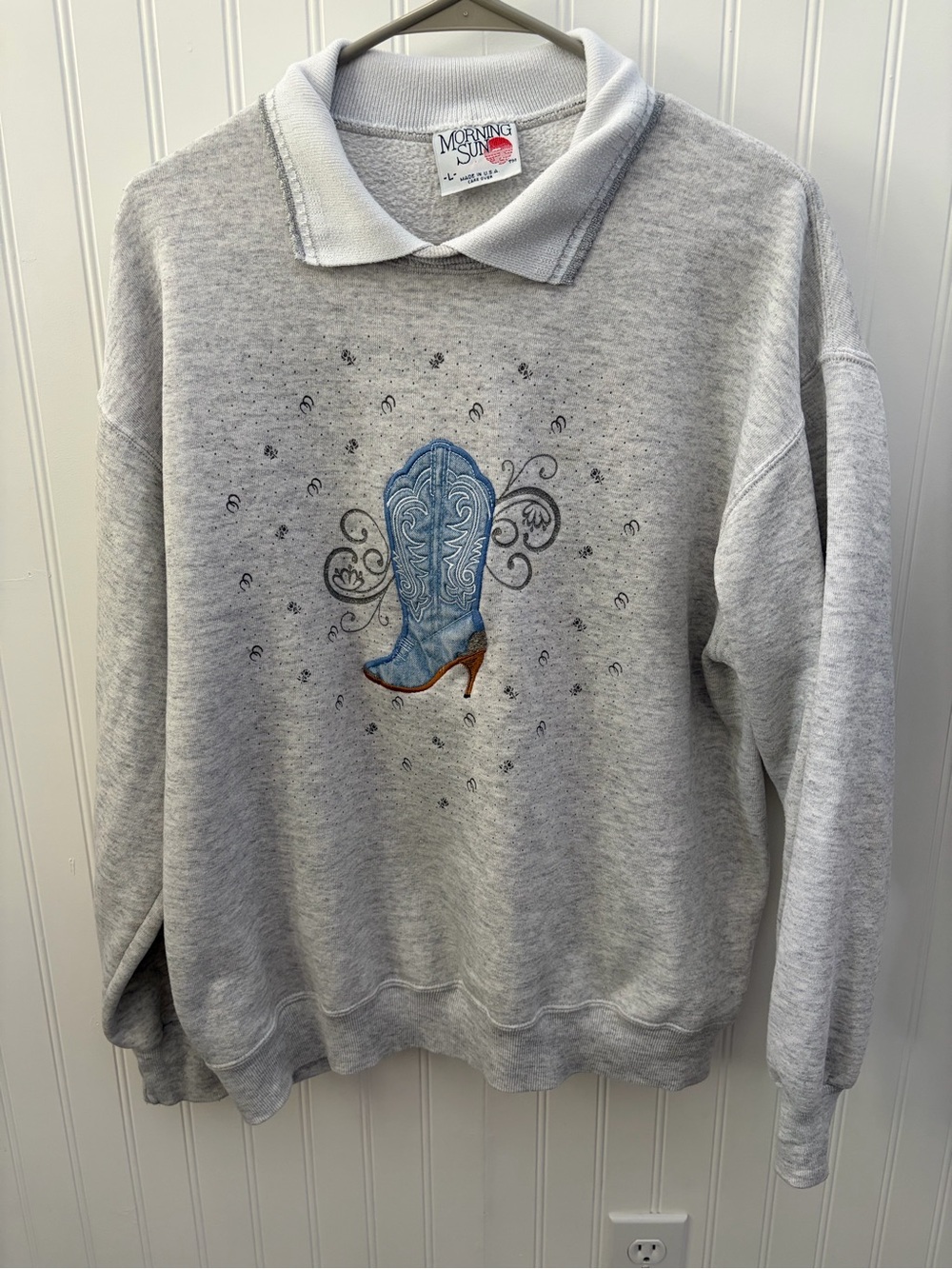 Women's Morning Sun Light Gray Pullover Sweatshirt with Blue Cowboy Boot Graphic